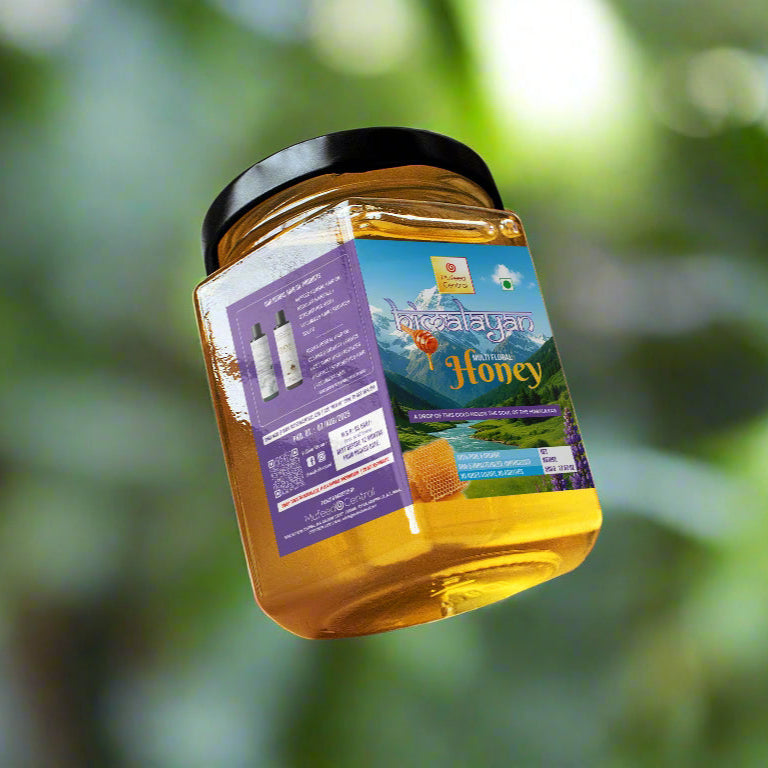 Jar of honey with a label on a white background